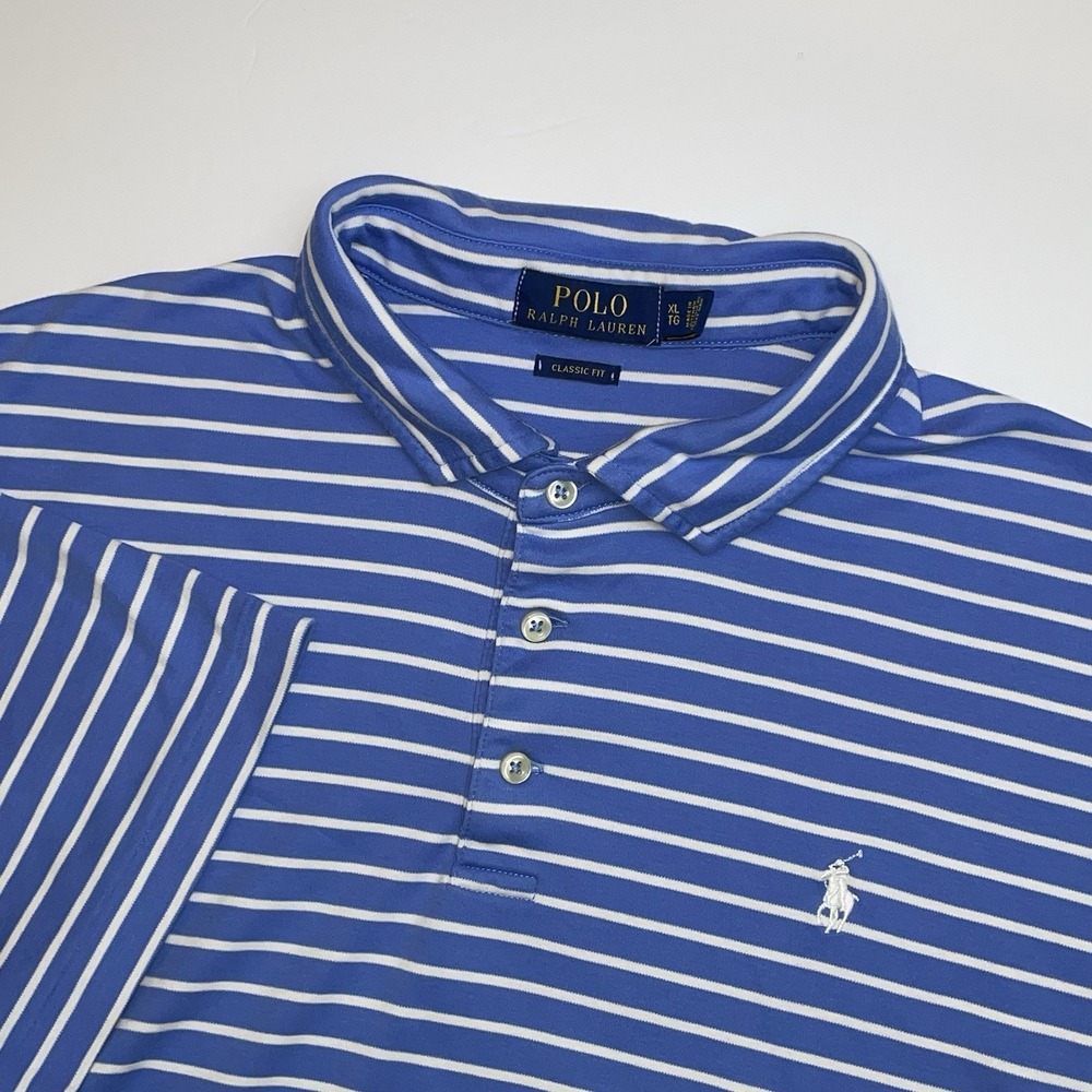 Polo Ralph Lauren Polo Shirt‎ Mens XL Classic Fit Blue White Striped Rugby READ